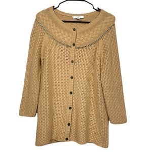 Liz Claiborne Size Small Tan Button Front Heavy Cable Knit Cardigan Chain Detail